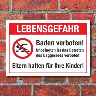 Schild Lebensgefahr Baggersee Baden verboten Schwimmen verboten 3 mm Alu-Verbund 300 x 200 mm