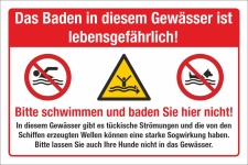Schild Lebensgefahr Baden Schwimmen verboten Strömungen 3 mm Alu-Verbund 300 x 200 mm