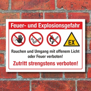 Schild Feuer Explosionsgefahr Rauchen verboten Zutritt verboten Alu-Verbund 300 x 200 mm
