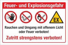 Schild Feuer Explosionsgefahr Rauchen verboten Zutritt verboten Alu-Verbund 600 x 400 mm