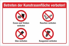 Schild Kunstrasenfläche Essen Rauchen Glas Kaugummi verboten 3 mm Alu-Verbund 300 x 200 mm