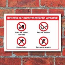 Schild Kunstrasenfläche Essen Rauchen Glas Kaugummi verboten 3 mm Alu-Verbund 450 x 300 mm