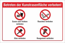 Schild Kunstrasenfläche Essen Rauchen Glas Kaugummi verboten 3 mm Alu-Verbund 600 x 400 mm