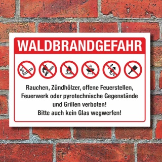 Schild Waldbrandgefahr Rauchen Feuer Grillen Feuerwerk verboten 3 mm Alu-Verbund