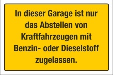Schild Abstellen von KFZ Kraftfahrzeug nur Benzin oder Diesel 3 mm Alu-Verbund 300 x 200 mm