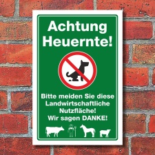 Schild Achtung Heuernte Landwirtschaftliche Nutzfläche Hundekot 300 x 200 mm