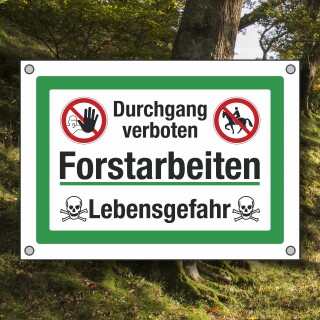 PVC Banner Plane Baumfällung Forstarbeiten Lebensgefahr STOPP Durchgang verboten Reiten verboten 70 x 50 cm