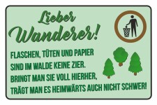 Schild Wanderer Müll mitnehmen Müll in Natur entsorgen verboten Hinweisschild 3 mm Alu-Verbund 450 x 300 mm