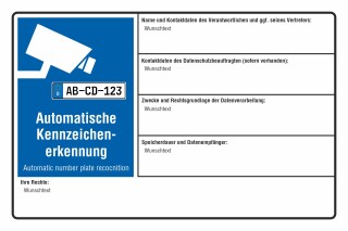 Schild Automatische Kennzeichenerkennung Videoüberwachung number plate recocnition DSGVO 3 mm Alu-Verbund 600 x 400 mm