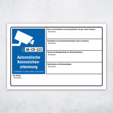 Schild Automatische Kennzeichenerkennung Videoüberwachung number plate recocnition DSGVO 3 mm Alu-Verbund 600 x 400 mm