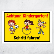 "Achtung Kindergarten Schritt fahren" – Hochwertiges Sicherheitsschild für den Außenbereich 3 mm Alu-Verbund 450 x 300 mm