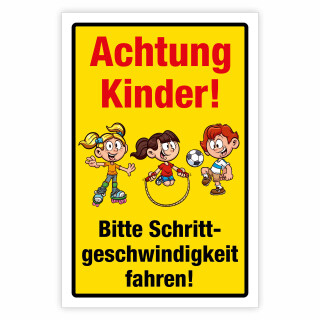 "Achtung Kinder Schrittgeschwindigkeit fahren" – Hochwertiges Sicherheitsschild für den Außenbereich 3 mm Alu-Verbund 300 x 200 mm