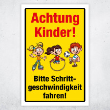 "Achtung Kinder Schrittgeschwindigkeit fahren" – Hochwertiges Sicherheitsschild für den Außenbereich 3 mm Alu-Verbund 600 x 400 mm