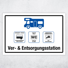 "Campingplatz Ver- und Entsorgungsstation" – Hochwertiges Hinweisschild für den Außenbereich 450 x 300 mm Alu Verbund 3 mm mit Wunschtext