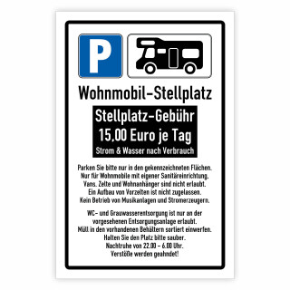 "Wohnmobilstellplatz Gebührenordnung" – Hochwertiges Sicherheitsschild für den Außenbereich