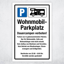 "Wohnmobilparkplatz Regeln" – Hochwertiges Sicherheitsschild für den Außenbereich 600 x 400 mm Alu Verbund 3 mm mit Wunschtext