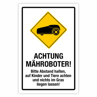 "Achtung Mähroboter Rasenroboter Rasenmäher Abstand halten" – Hochwertiges Sicherheitsschild für den Außenbereich 3 mm Alu-Verbund 600 x 400 mm