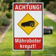 Das Bild zeigt ein Warnschild, das in einem Garten aufgestellt ist. Es hat einen roten oberen Bereich mit dem Text ACHTUNG! und darunter ein gelbes Quadrat mit einer stilisierten Darstellung eines Mähroboters sowie dem Hinweis Mähroboter kreuzt! in großen, weißen Buchstaben, um Passanten auf die mögliche Anwesenheit des Mähroboters hinzuweisen.