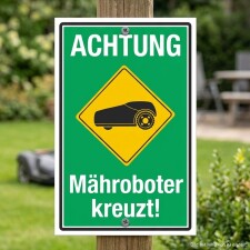 Das Bild zeigt ein Warnschild mit dem Text ACHTUNG Mähroboter kreuzt! auf einem grünen Hintergrund. Das Schild ist in einem Garten aufgestellt und weist darauf hin, dass ein Mähroboter in der Nähe unterwegs ist, um Passanten zu warnen.