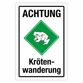 Warnschild „Achtung Krötenwanderung“ weißer Hintergrund mit grünem Warnzeichen, aus 3mm Aluminium-Verbund, wetterfest UV-beständig rostfrei, langlebig für innen & außen