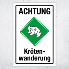 Warnschild „Achtung Krötenwanderung“ weißer Hintergrund mit grünem Warnzeichen, aus 3mm Aluminium-Verbund, wetterfest UV-beständig rostfrei, langlebig für innen & außen