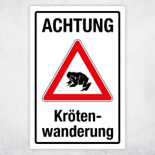 "Achtung Krötenwanderung rot" – Hochwertiges Sicherheitsschild für den Außenbereich 3 mm Alu-Verbund 450 x 300 mm