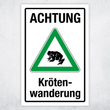 "Achtung Krötenwanderung grün" – Hochwertiges Sicherheitsschild für den Außenbereich 3 mm Alu-Verbund 300 x 200 mm