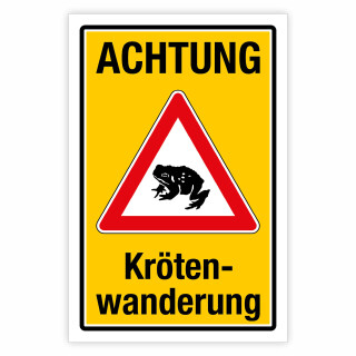 "Achtung Krötenwanderung gelb/rot" – Hochwertiges Sicherheitsschild für den Außenbereich 3 mm Alu-Verbund 450 x 300 mm