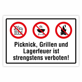 "Picknick, Grillen, Lagerfeuer verboten" – Hochwertiges Hinweisschild für den Außenbereich