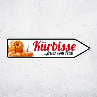 Pfeilschild "Kürbisse …frisch vom Feld!" – Hochwertiges Schild für den Außenbereich 3 mm Alu-Verbund in Pfeilform 40 x 10 cm rechts