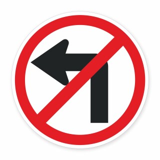 Schild „Links abbiegen verboten“ – Alu-Verbund 3 mm rund (Ø30 cm)