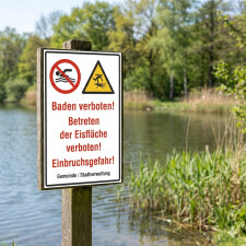 Warnschild Baden verboten – Betreten der Eisfläche verboten | Einbruchsgefahr | Alu-Verbund 3 mm mit Wunschtext
