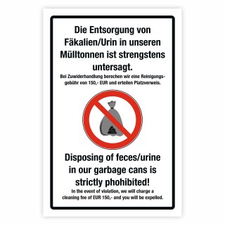 Entsorgung von Fäkalien & Urin verboten Schild | Mülltonnen | Reinigungsgebühr 150 € | Alu-Verbund 3 mm