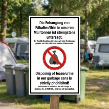 Entsorgung von Fäkalien & Urin verboten Schild | Mülltonnen | Reinigungsgebühr 150 € | Alu-Verbund 3 mm