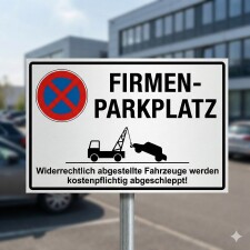 Firmenparkplatz Schild | Widerrechtlich abgestellte Fahrzeuge werden kostenpflichtig abgeschleppt | Alu-Verbund 3 mm
