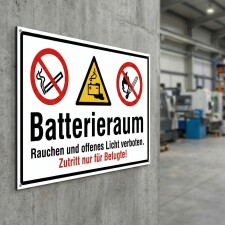 Batterieraum Schild | Rauchen und offenes Licht verboten | Zutritt nur für Befugte | Alu-Verbund 3 mm 600 x 400 mm