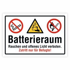 Batterieraum Schild | Rauchen und offenes Licht verboten | Zutritt nur für Befugte | Alu-Verbund 3 mm 600 x 400 mm