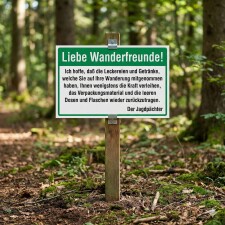 Hinweisschild „Liebe Wanderfreunde“ Müll wieder mitnehmen – Alu-Verbund 3 mm, UV-Direktdruck