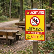 Hinweisschild „Hier ist keine öffentliche Toilette“ – No public toilet – Hinweis Strafe 500 € – Alu-Verbund 3 mm, UV-Direktdruck 450 x 300 mm (empfohlene Mindestgröße)
