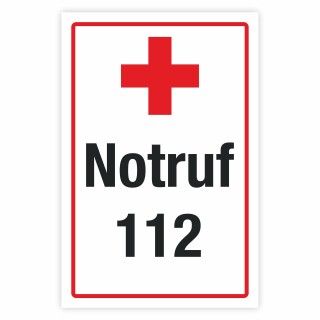 Hinweisschild „Notruf 112“ mit rotem Kreuz – Alu-Verbund 3 mm, UV-Direktdruck