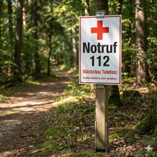 Hinweisschild „Notruf 112“ mit rotem Kreuz – nächstes Telefon Wunschtext – Alu-Verbund 3 mm, UV-Direktdruck