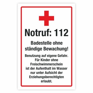 Warn-/Hinweisschild „Badestelle ohne ständige Bewachung“ – Notruf 112 – Nutzung auf eigene Gefahr – Alu-Verbund 3 mm, UV-Direktdruck