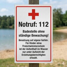 Warn-/Hinweisschild „Badestelle ohne ständige Bewachung“ – Notruf 112 – Nutzung auf eigene Gefahr – Alu-Verbund 3 mm, UV-Direktdruck
