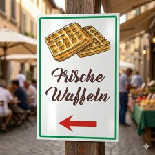 Hinweisschild „Frische Waffeln“ mit Pfeil links – Gastro/Wegweiser – Alu-Verbund 3 mm, UV-Direktdruck