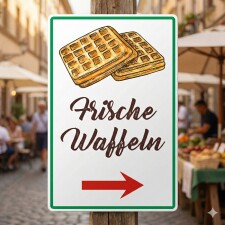Hinweisschild „Frische Waffeln“ mit Pfeil rechts – Gastro/Wegweiser – Alu-Verbund 3 mm, UV-Direktdruck