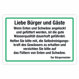 Hinweisschild „Enten & Schwäne nicht füttern“ – Wasserqualität schützen (Bürgermeister) – Alu-Verbund 3 mm, UV-Direktdruck