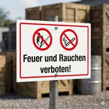 Das Bild zeigt ein Schild, auf dem in großen, schwarzen Buchstaben steht: Feuer und Rauchen verboten! Darüber befinden sich zwei rote Symbole: eines mit einer Flamme und eines mit einer Zigarette, beide durch ein rotes Kreuz gekennzeichnet. Das Schild ist in einem Bereich aufgestellt, der anscheinend von Holzpaletten und Metallbehältern umgeben ist, was auf einen industriellen oder lagerähnlichen Kontext hindeutet.