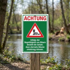 Das Bild zeigt ein Warnschild mit der Aufschrift ACHTUNG in großen roten Buchstaben. Darunter befindet sich ein rotes Dreieck mit einem Symbol, das einen Biber und einen Baum darstellt, sowie den Hinweis, dass aufgrund der Nagetätigkeit von Bibern die Gefahr besteht, dass nahegelegene Bäume umstürzen können; das Schild steht in einem naturnahen Bereich, vermutlich in der Nähe eines Gewässers.