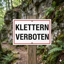 Das Bild zeigt ein Schild mit der Aufschrift KLETTERN VERBOTEN in großen, schwarzen Buchstaben auf weißem Hintergrund, umrahmt von einem roten Rand. Das Schild steht in einem Waldgebiet, in der Nähe von Felsen und üppigem Grün, und weist darauf hin, dass das Klettern in diesem Bereich nicht erlaubt ist.