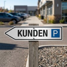 Das Bild zeigt ein Schild mit der Aufschrift KUNDEN und einem blauen P für Parken, das auf einen Parkplatz für Kunden hinweist. Das Schild ist an einem Holzpfosten befestigt und zeigt in Richtung des Parkplatzes vor einem Geschäft.